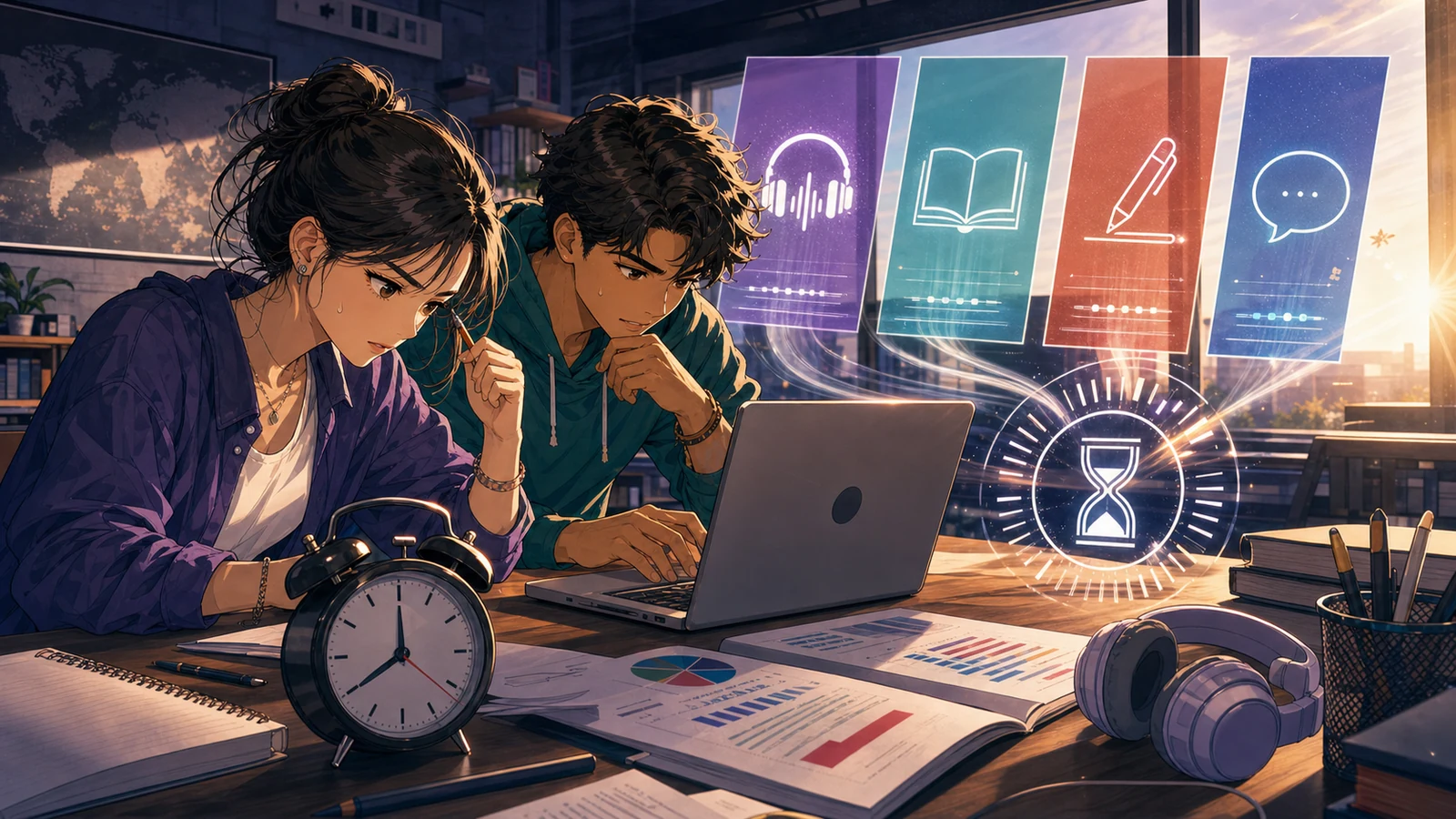 Two IELTS learners tackling a timed four-skill diagnostic in a dramatic webtoon scene