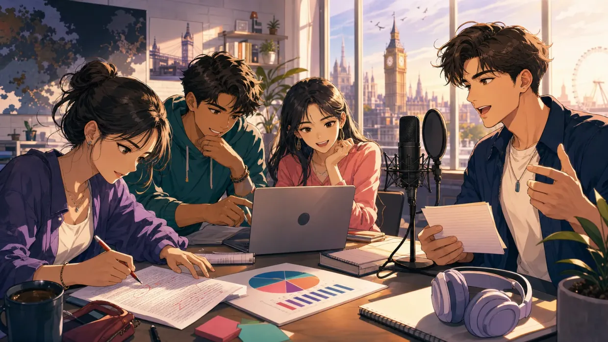 Four IELTS learners preparing Writing, Speaking, Reading, and Listening together in a dynamic webtoon scene