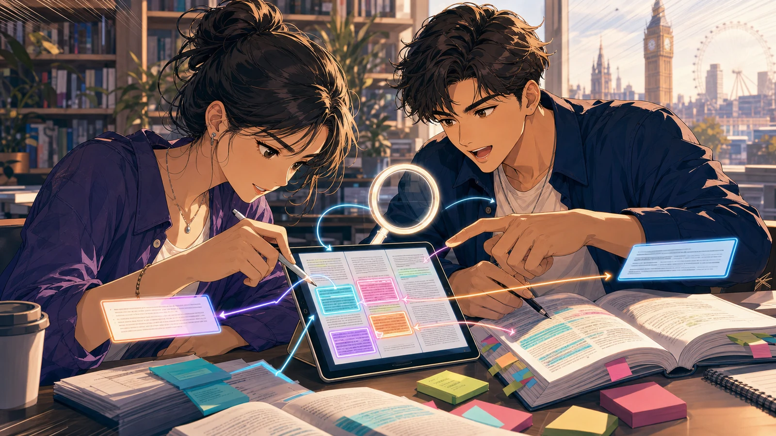 Two IELTS learners tracing evidence through an academic passage in a library