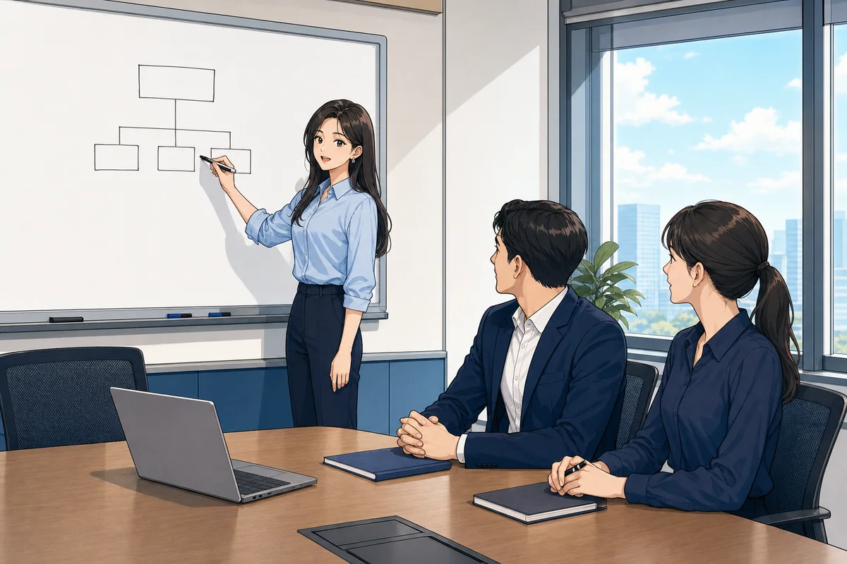 Original TOEIC Part 1 workplace scene used for photograph-description practice