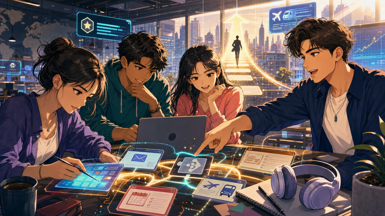 Four young adult learners solving TOEIC workplace English challenges in an energetic webtoon scene