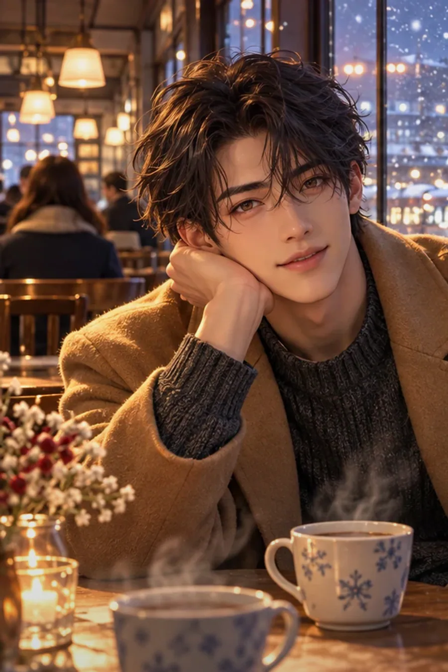 Two drinks by the sea: The station café is still open. Haru offers to order while the sunset turns the windows pink.