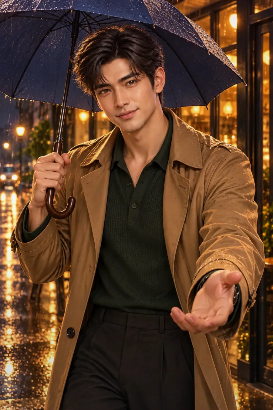 The window table: You sit across from Leo. Rain runs down the glass beside you, and the cafe feels small and private. He leans in a little, and a candle throws warm light on his face. He wants to know more about you.