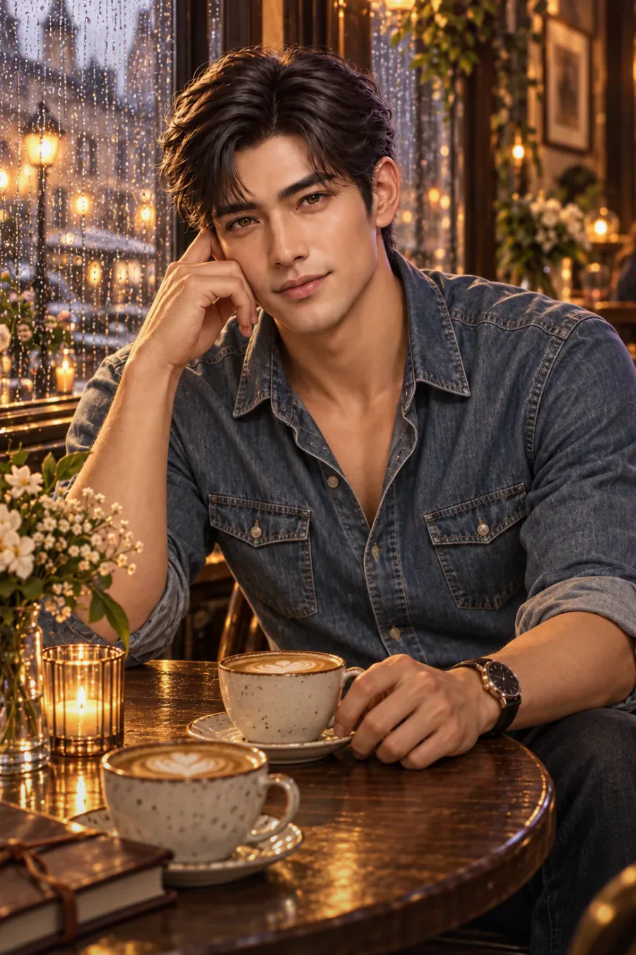 Rain on the glass: The cafe grows quiet. It is just you and Leo, and the rain taps softly on the window. He looks at you like you are the only person in the world. Outside, the storm feels warm, not cold. He wants to know how the night should end.