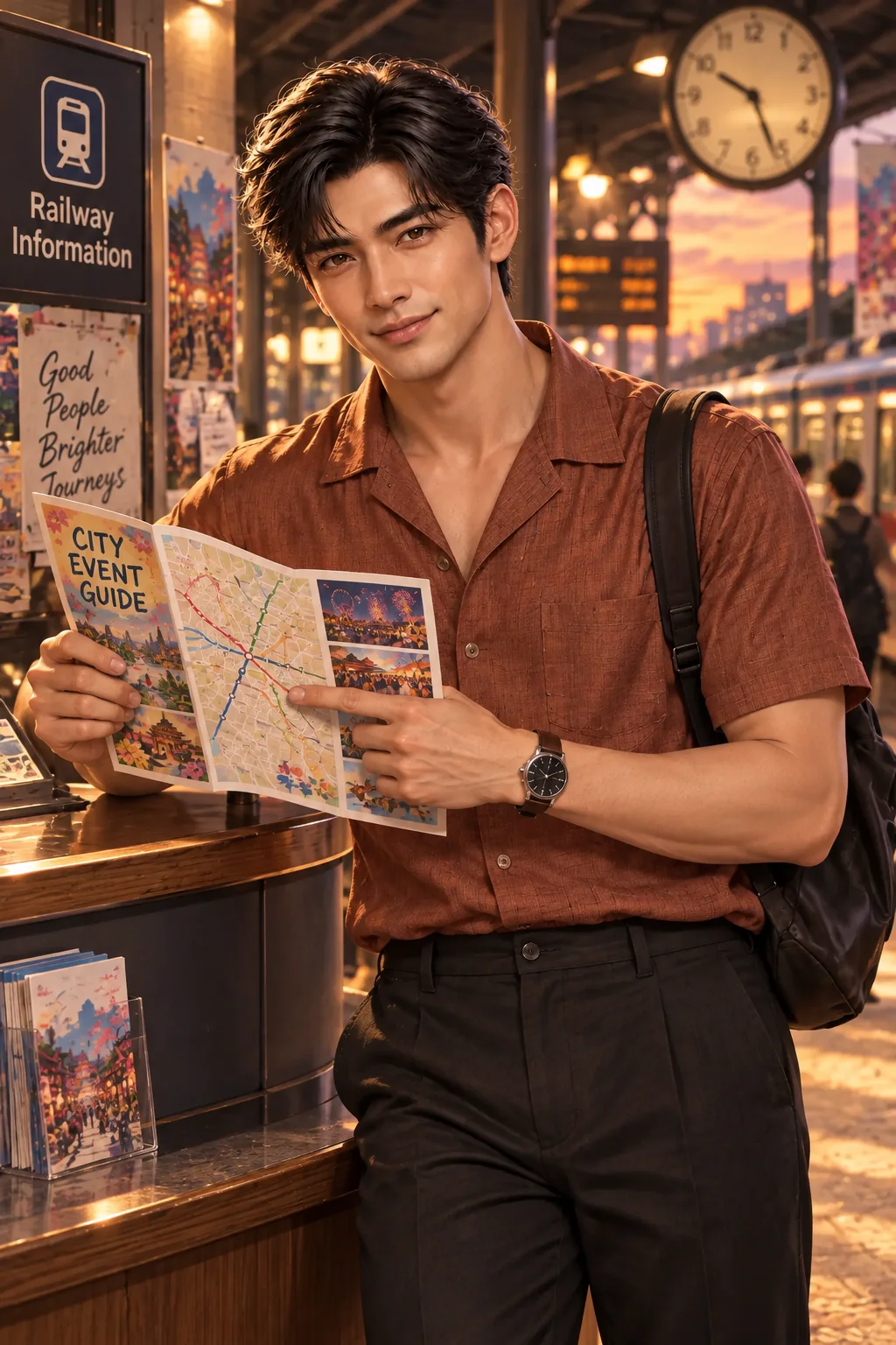 A ticket with a limit: Leo in a terracotta camp-collar shirt helps you choose the evening train