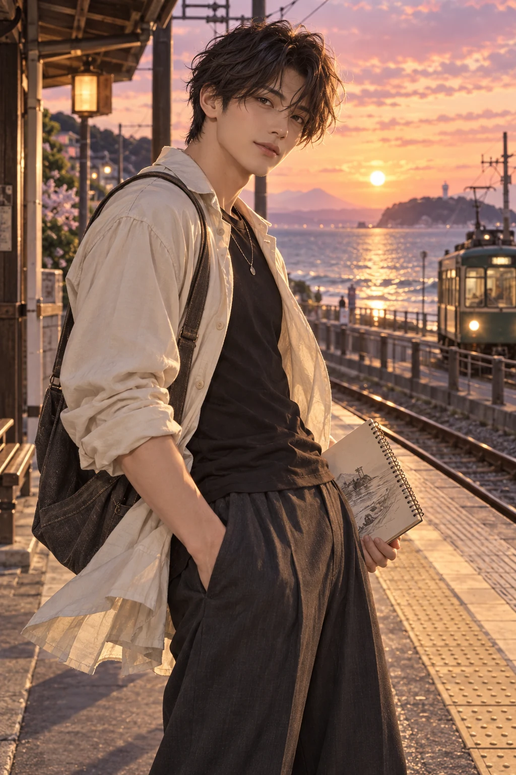 Haru, a charismatic adult Japanese university student, waits with a sketchbook at a seaside station after class