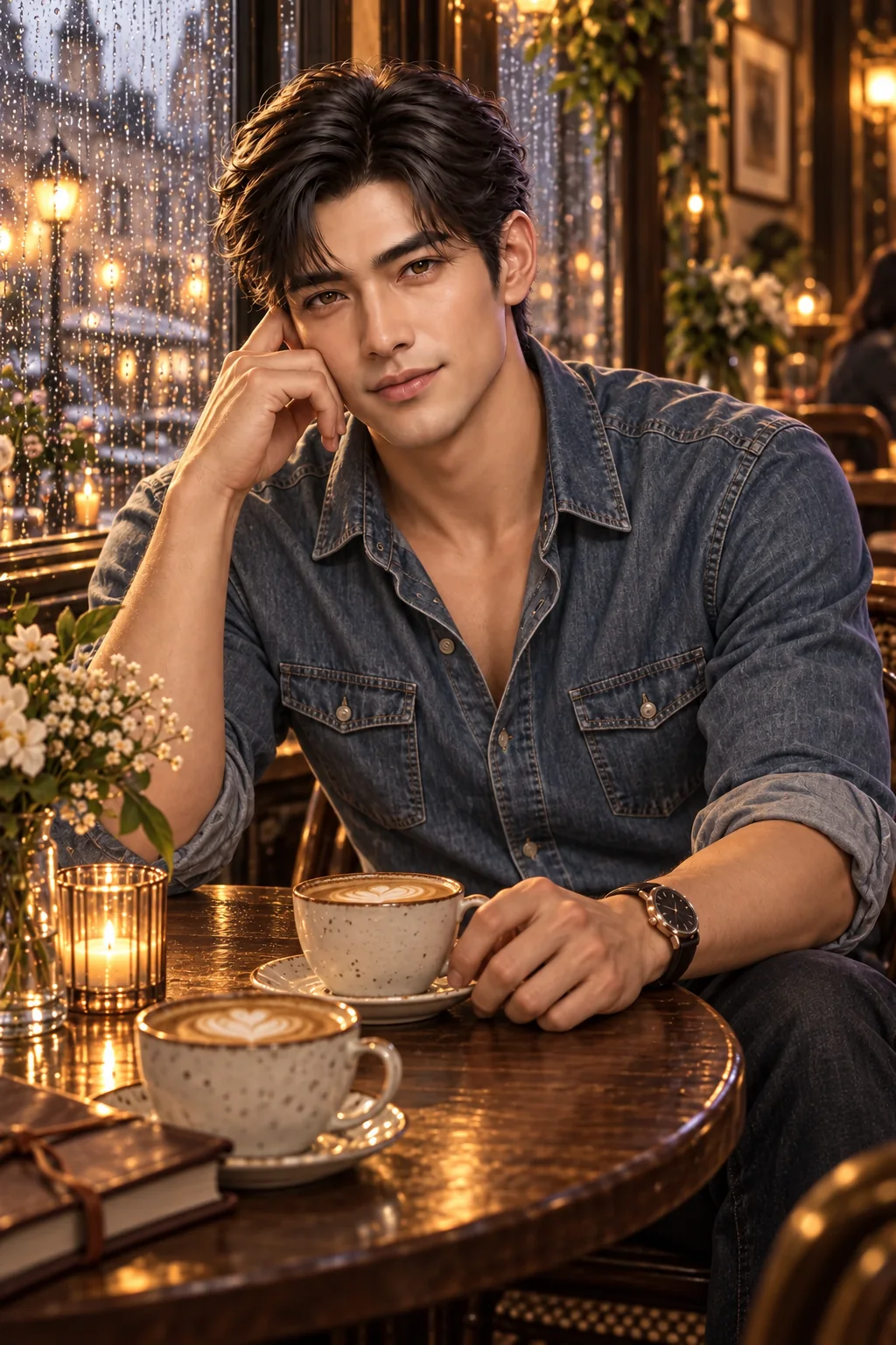 Leo in a rolled-sleeve denim shirt offers a second coffee by a rain-dappled window