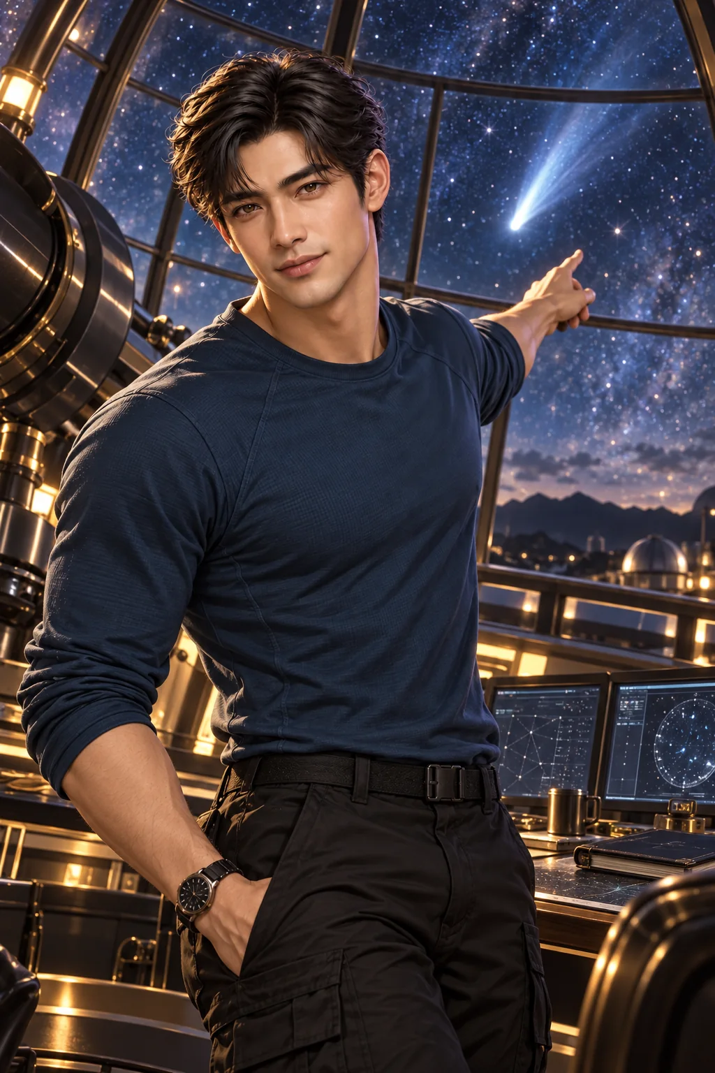Leo in a petrol-blue fitted shirt points out a comet from the telescope console