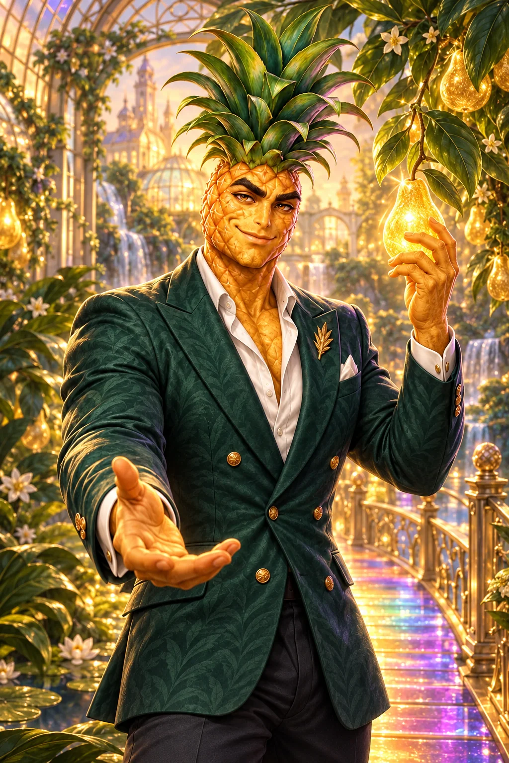 Pip holds a glowing golden pear on a rainbow bridge in the fruit-kingdom orchard