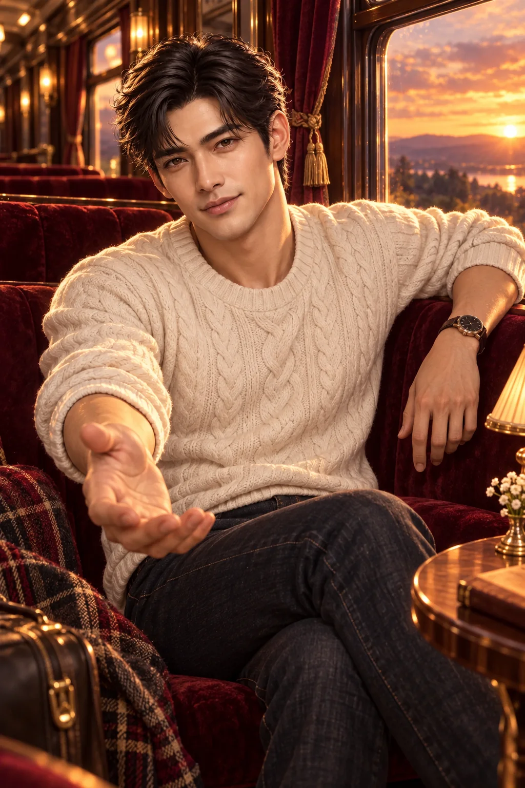 Leo in an ivory cable-knit sweater invites you to the velvet seat beside him