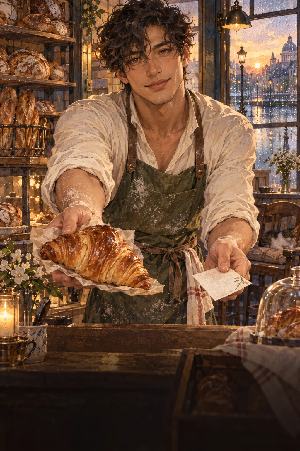 Theo, a charismatic adult baker, welcomes the first customer into a cozy watercolor bakery at dawn
