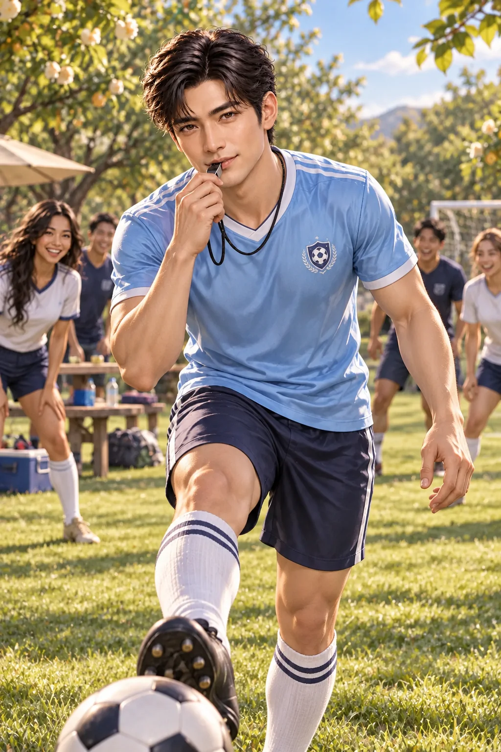 Leo in a blue football jersey rolls the ball across the orchard pitch