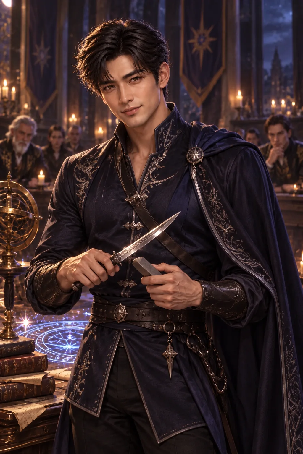 The duel of words: Leo in a silver-embroidered blue mage tunic waits beside the trial's rune circle
