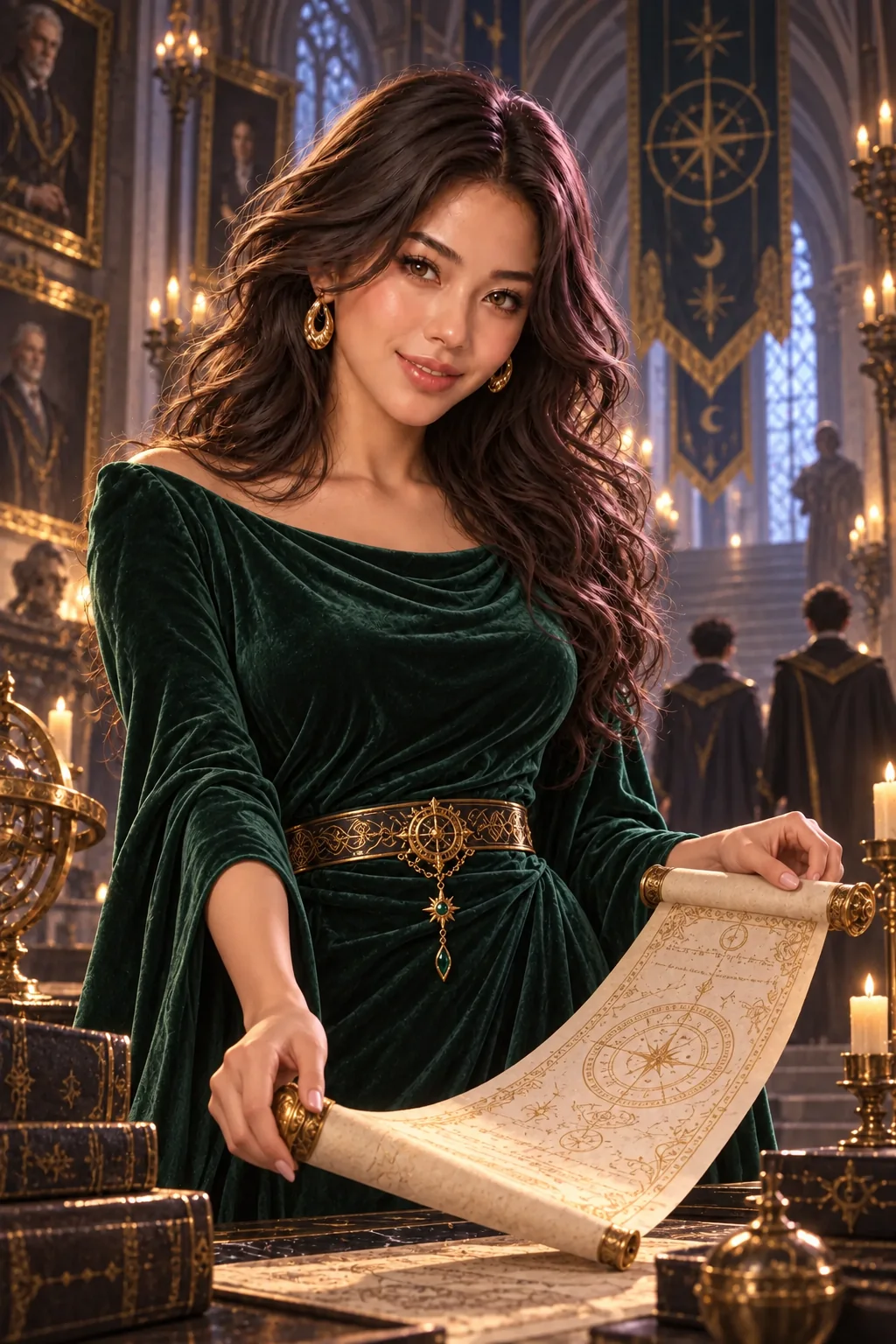 Mira, in an emerald velvet gown, unrolls an old scroll in a candlelit magic-academy hall