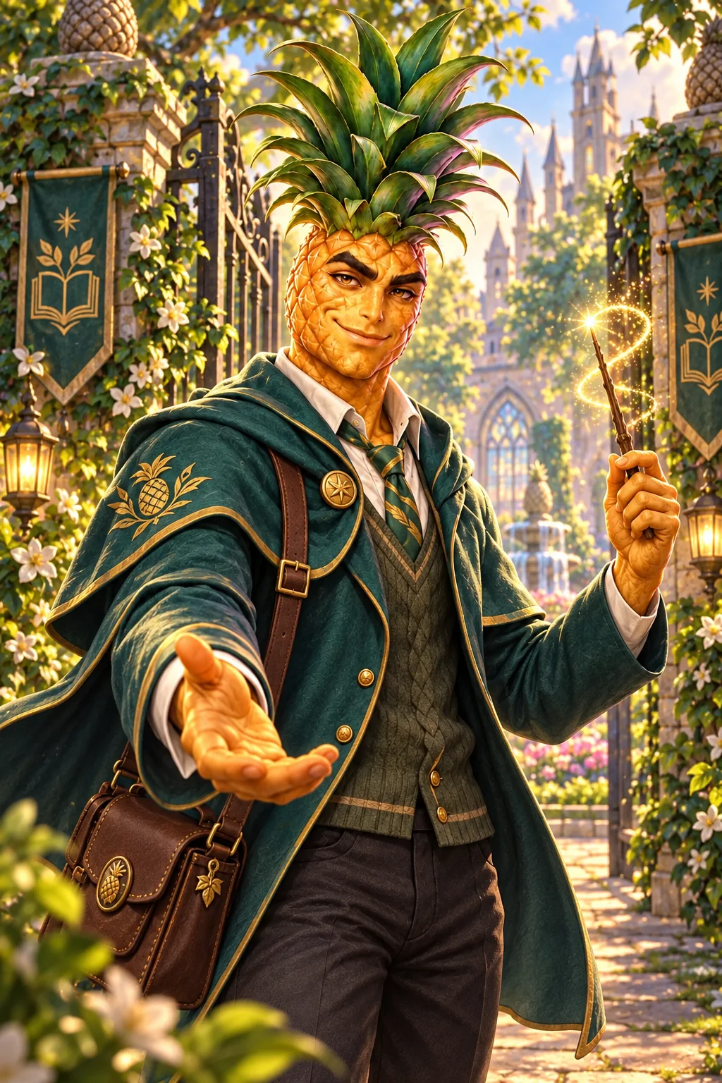 Pip the pineapple, in a green academy coat with a leather satchel, offers his hand in a sunlit magical orchard courtyard