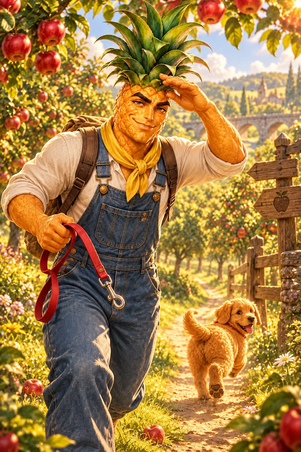 Pip searches the sunny orchard with a red puppy lead