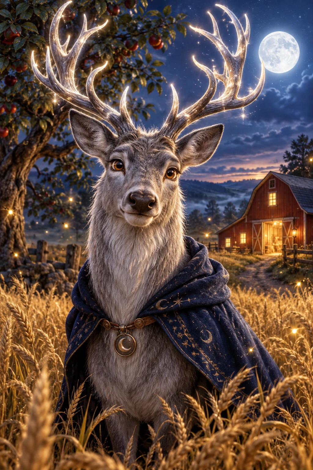 Bramble, a charismatic silver-antlered moon stag, waits in a luminous wheat field