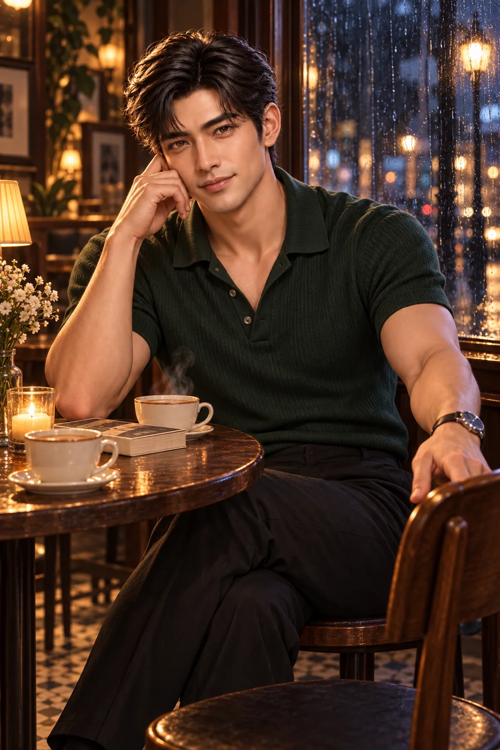 Leo, in a dark green polo, waits at a candlelit café table while rain streaks the window