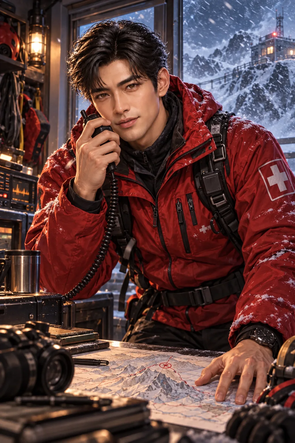 Leo in a red rescue jacket answers a radio call at the snowy mountain station